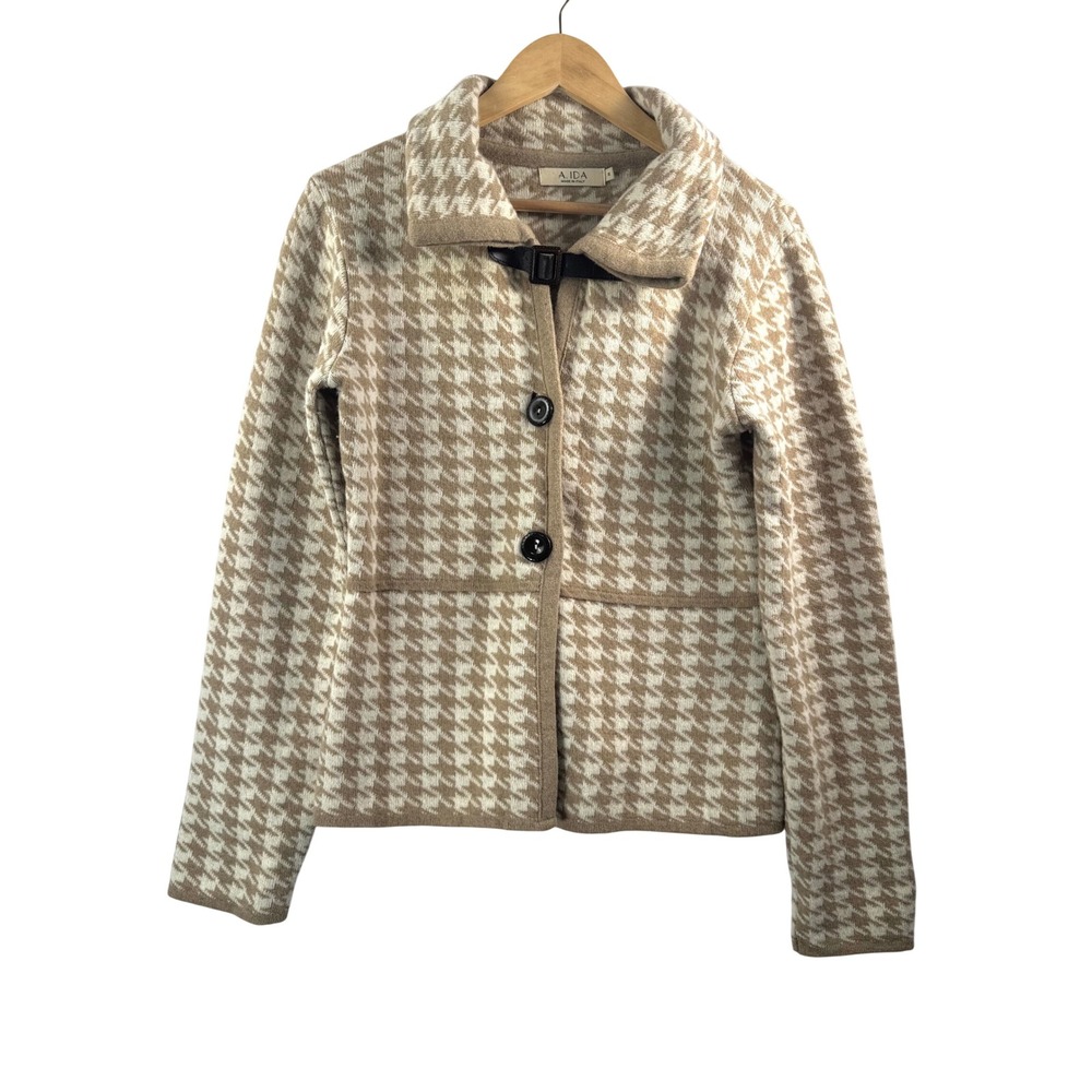 A. Ida Houndstooth Wool Blend Cardigan M Tan White Italian Knit Buckle Jacket